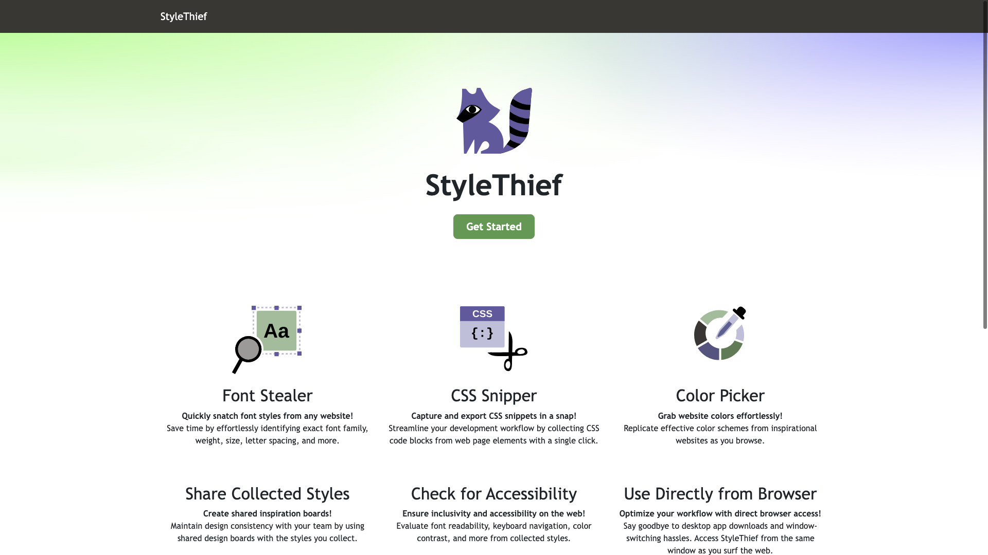 Mock Landing Page for StyleThief, an idea for a Chrome extension that allows users to copy fonts, colors, and CSS snippets from websites directly from their browser