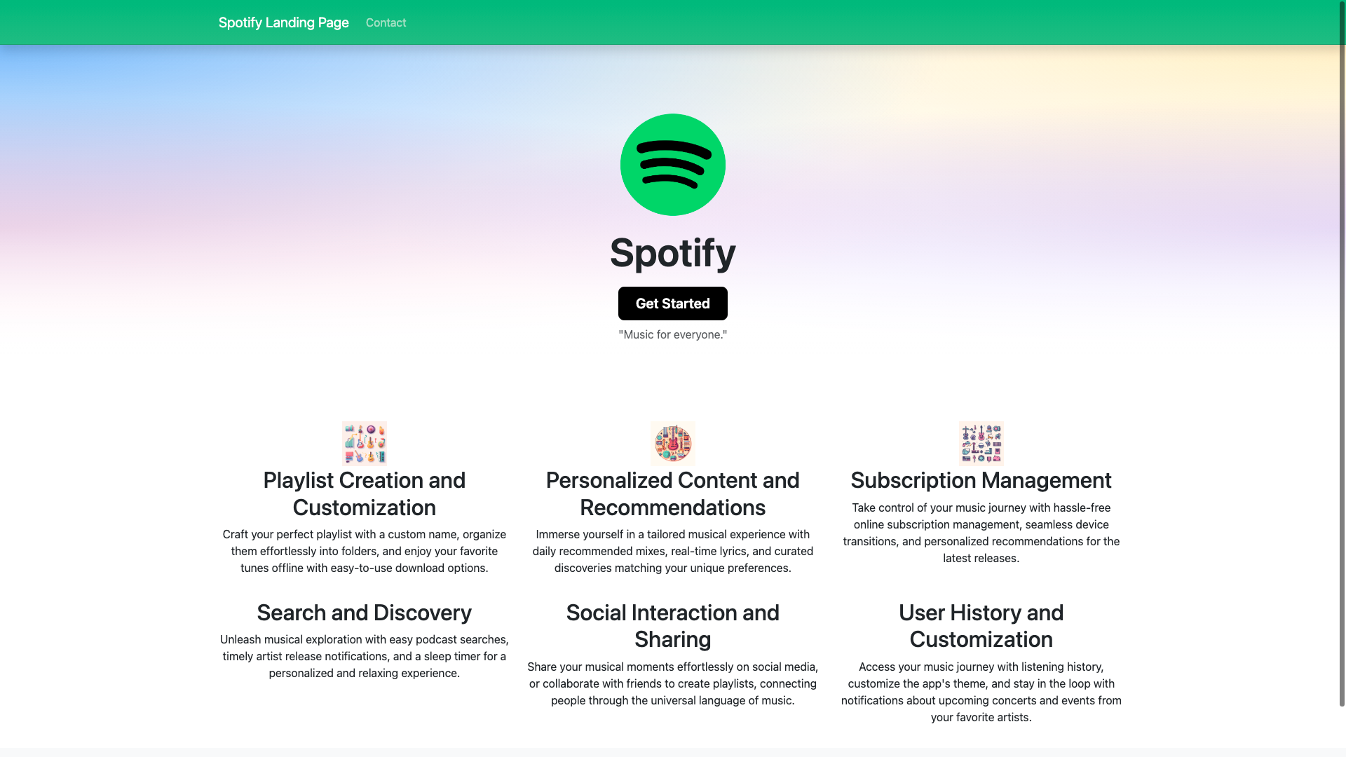 Spotify landing page made using Hugo that highlights Spotify&rsquo;s main features.